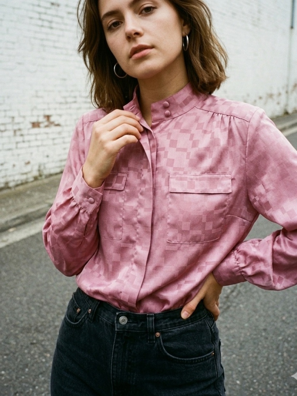 Vintage Alicia Women's Satin Style Long Sleeve Blouse Pink Size 10 Button Front